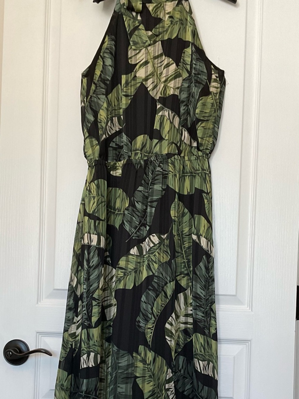 Banana Republic Black and Green Leaf-Print Halter Maxi Dress.
